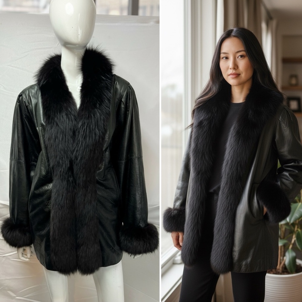 Vintage Roxciticus Women’s L Black Nappa Lamb Leather Fur Collar Penny Lane Coat - Picture 5 of 11
